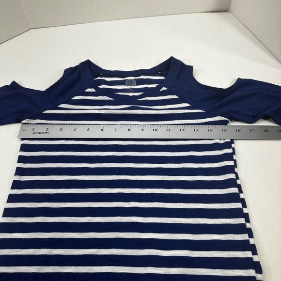 So Women Sz XS Shirt Relaxed Fit Peek-a-boo Shoulders Blue White Stripe Preowned - Picture 10 of 13